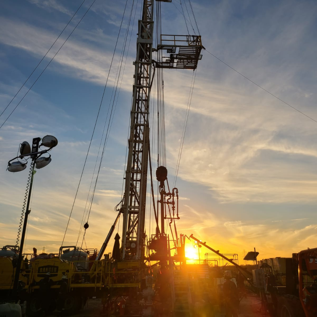 Refrac tower with a sunset one of Vertice Oil Tools American locations.