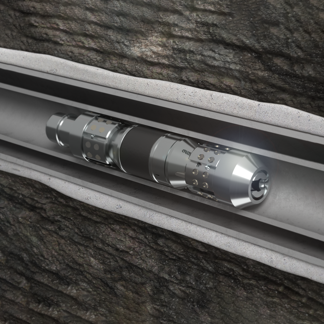 Frac plug in the casing technical render of one of our unique fracing solutions.